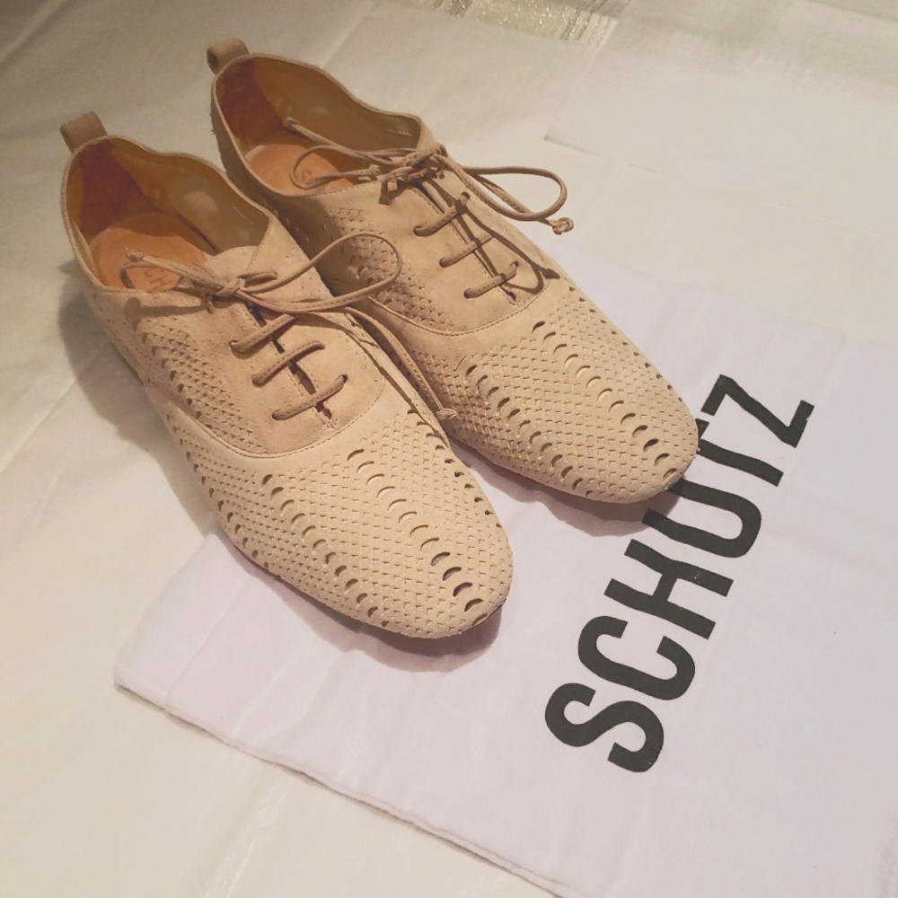 SCHUTZ New Perforated Leather Lace Up Flats Oxfords Comfort Nude Tan Women's - Picture 3 of 16